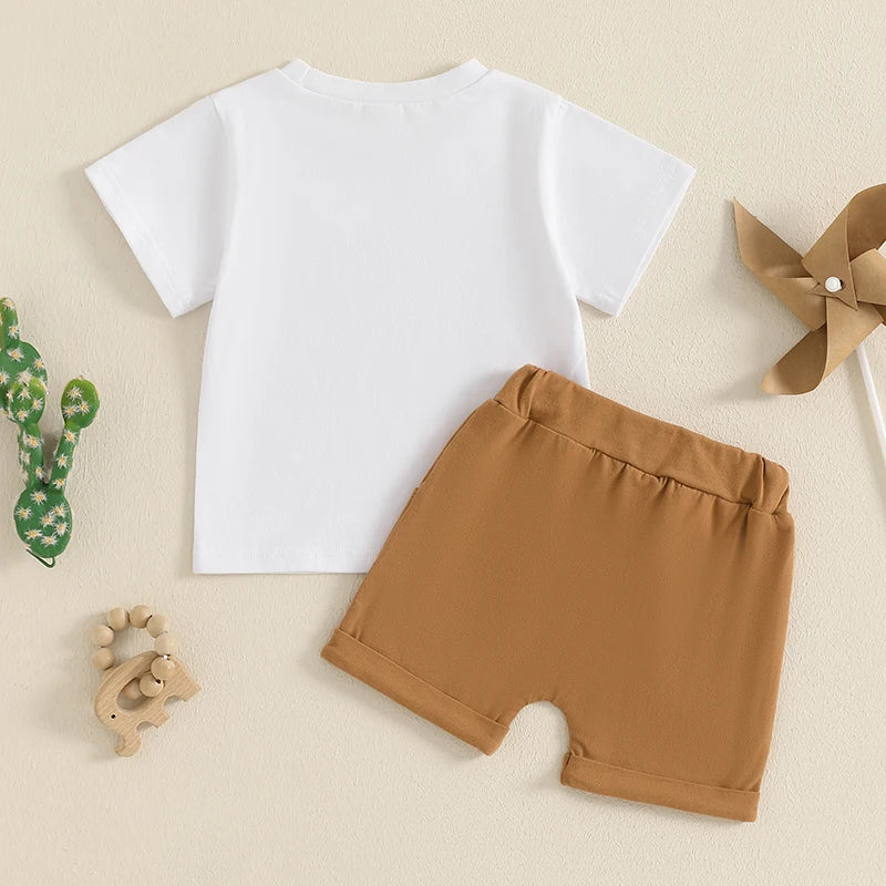 Toddler Boys Casual Summer Outfits Dinosaur Striped Print Short Sleeves T-Shirt and Elastic Shorts Set for 2 Piece Clothing