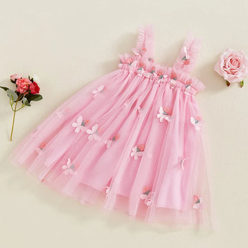 Girls Sleeveless Floral Embroidered Tulle Princess Dress with Butterfly Detail - A-Line Summer Slip Dress for Toddlers