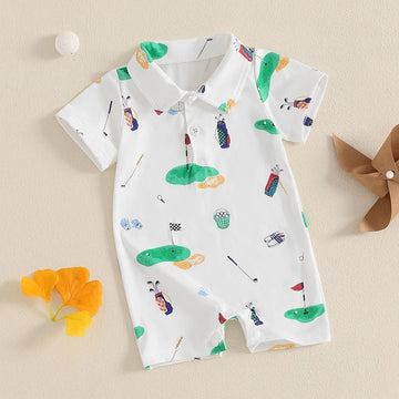 Infant Unisex Golf  with Half Button-up Lapel Neck and Short Sleeves Adorable Summer Romper for Baby Boy or Girl