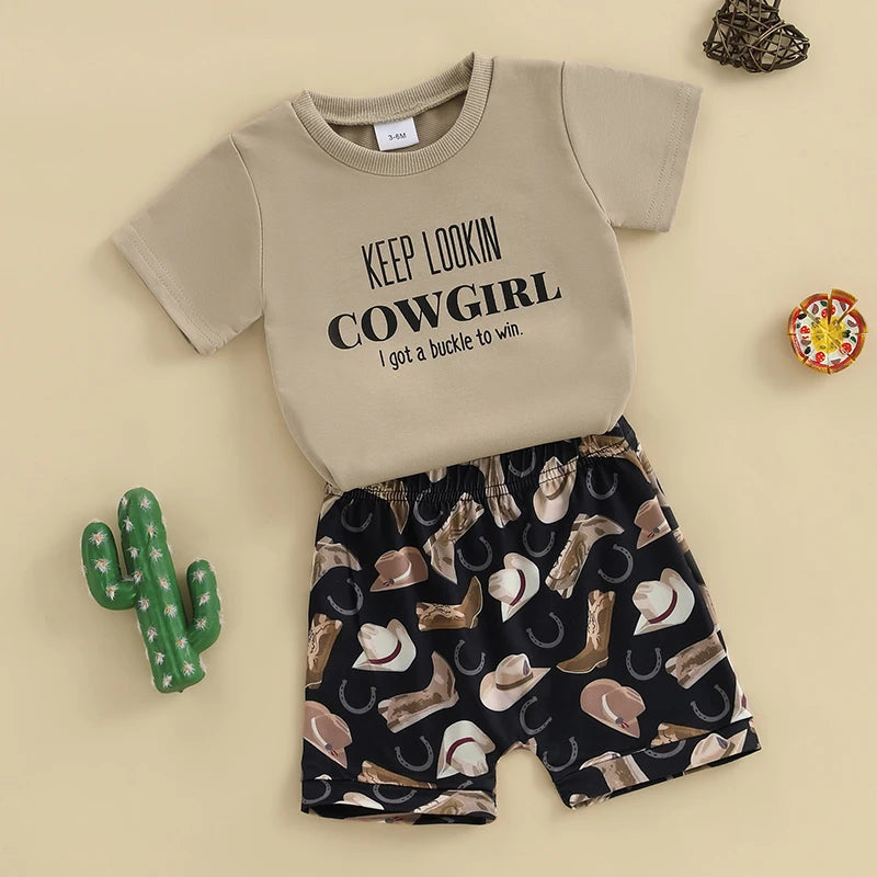 Toddler Boys Cowboy Style Clothing Set with Graphic Tee and Printed Shorts Complete Outfit with Boots and Cap for Western
