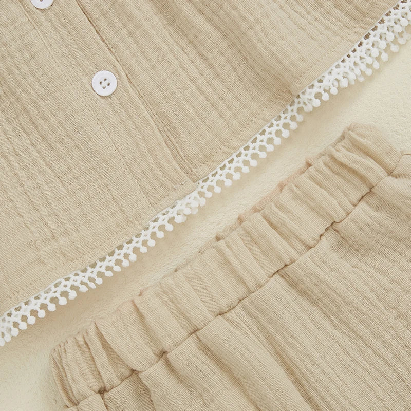 Adorable Toddler Girls Sleeveless Top and Ruffled Shorts Set with Tie-Up Straps and Button Detail - Stylish Summer Outfit