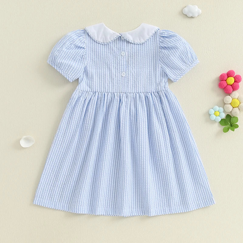 Child Girl Summer Striped A-Line Dress with Doll Collar Short Sleeves and Nautical Embroidery Detail