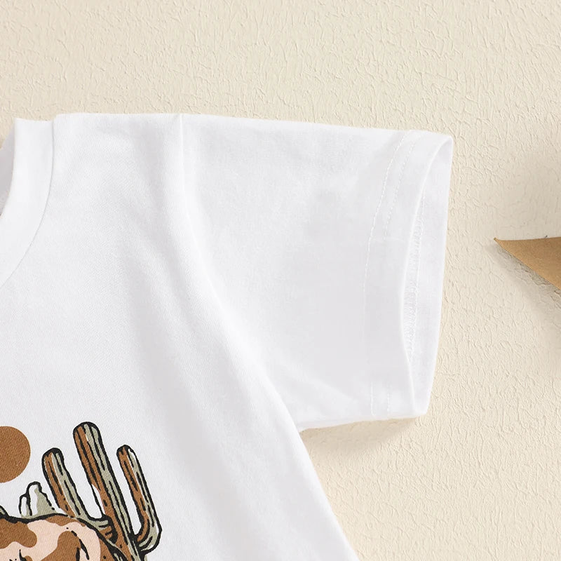 Toddler Boys Casual Summer Outfits Dinosaur Striped Print Short Sleeves T-Shirt and Elastic Shorts Set for 2 Piece Clothing