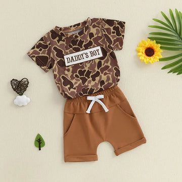 Boys Summer Outfit Set with Short Sleeve Camouflage Top and Drawstring Shorts O Neck Design for Comfort and Style