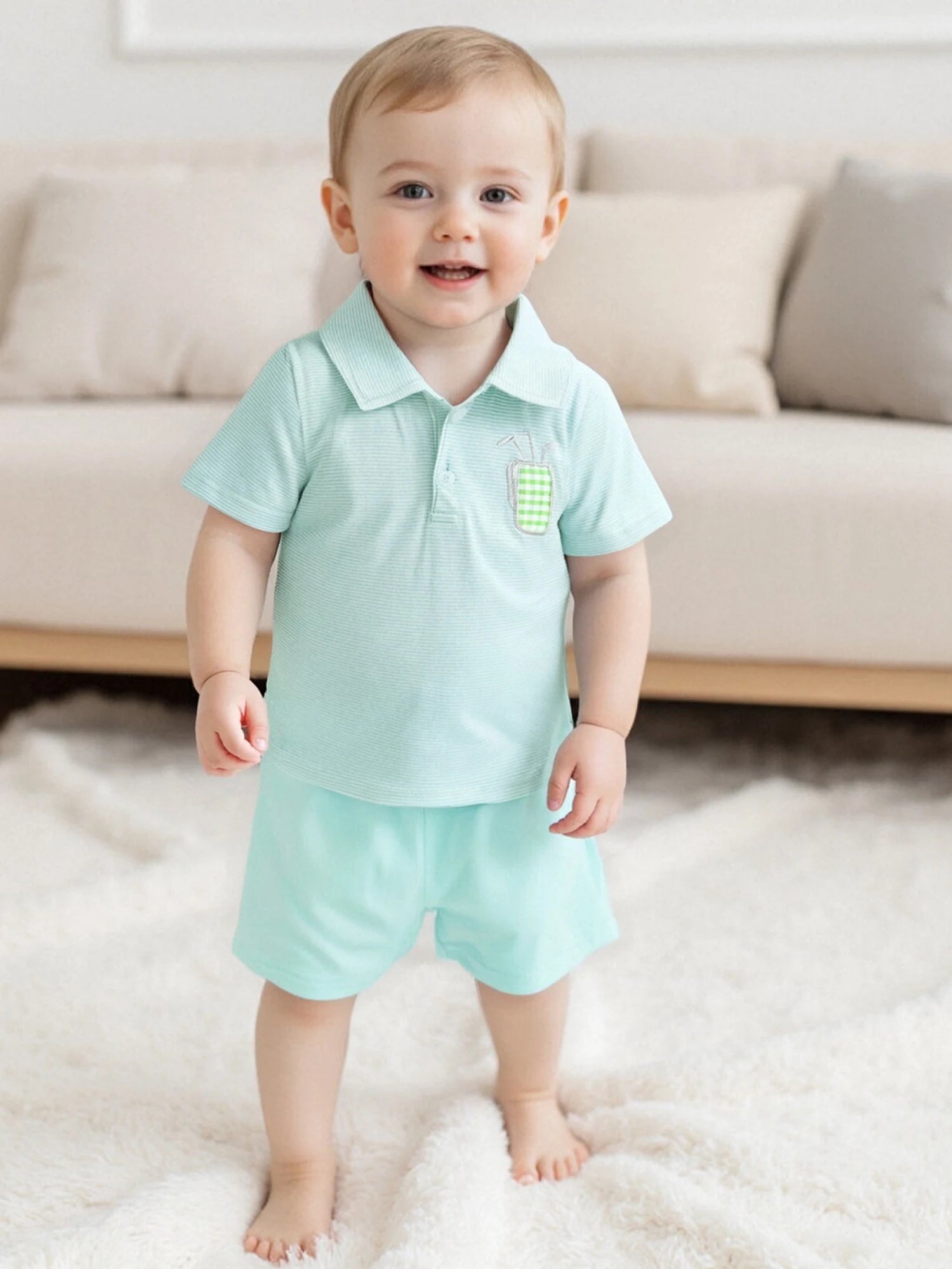 Adorable Infant Boy Golf Attire with Striped Collared Shirt and Elastic Waist Shorts - 2 Piece Summer Ensemble