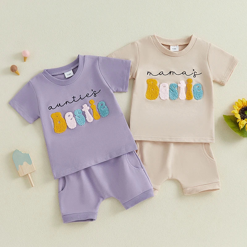 Adorable Toddler Girls Summer Outfit with Embroidered Letters Short Sleeve T-Shirt and Elastic Shorts - 2 Piece Set for a