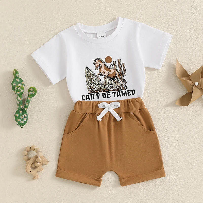 Toddler Boys Casual Summer Outfits Dinosaur Striped Print Short Sleeves T-Shirt and Elastic Shorts Set for 2 Piece Clothing