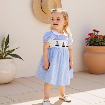 Child Girl Summer Striped A-Line Dress with Doll Collar Short Sleeves and Nautical Embroidery Detail