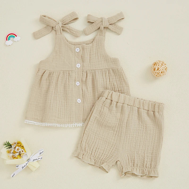Adorable Toddler Girls Sleeveless Top and Ruffled Shorts Set with Tie-Up Straps and Button Detail - Stylish Summer Outfit