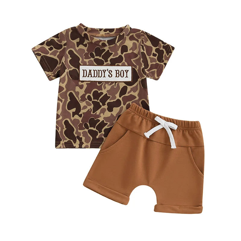 Boys Summer Outfit Set with Short Sleeve Camouflage Top and Drawstring Shorts O Neck Design for Comfort and Style
