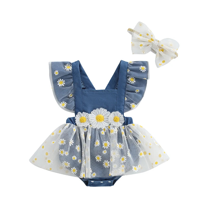 Toddler Girls Floral Print Sleeveless Romper Dress with Matching Headband Set for Summer Outfits and Photoshoots