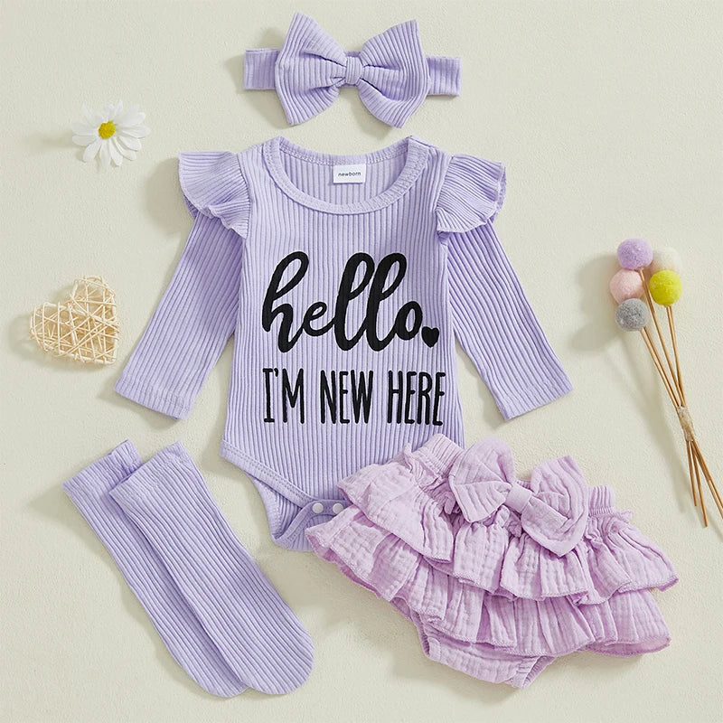 Adorable Baby Girls 4-Piece Set with Letter Print Romper Ruffles Layered Skorts Headband and Socks for a Cute Look