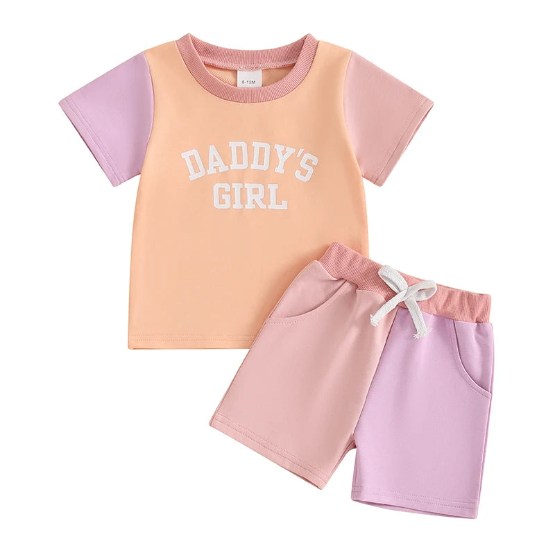 Infant Girl Summer Outfit Set with Cute Letter Print T-shirt and Elastic Waist Shorts for Toddler Girls - 2 Piece Contrast