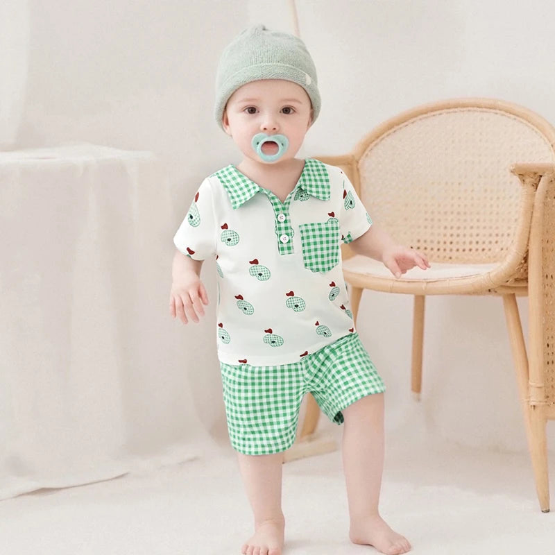 Adorable Infant Boy s Summer Ensemble featuring Cute Golf Print and Plaid Design Short Sleeve Shirt with Matching Shorts 2