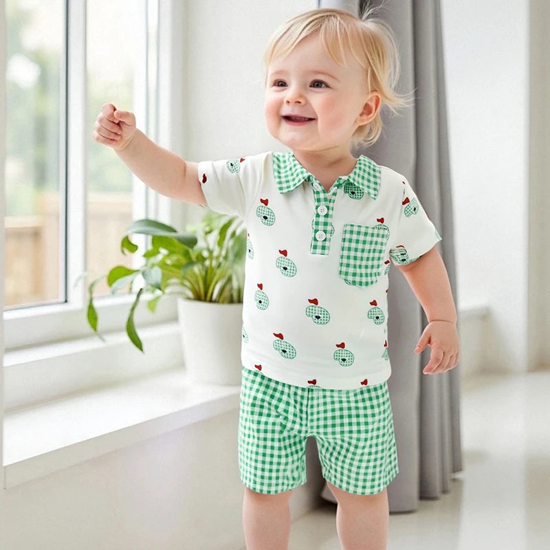 Adorable Infant Boy s Summer Ensemble featuring Cute Golf Print and Plaid Design Short Sleeve Shirt with Matching Shorts 2