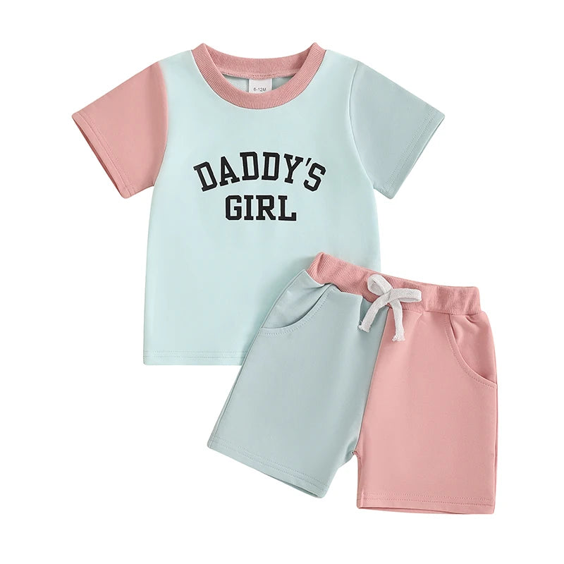 Infant Girl Summer Outfit Set with Cute Letter Print T-shirt and Elastic Waist Shorts for Toddler Girls - 2 Piece Contrast