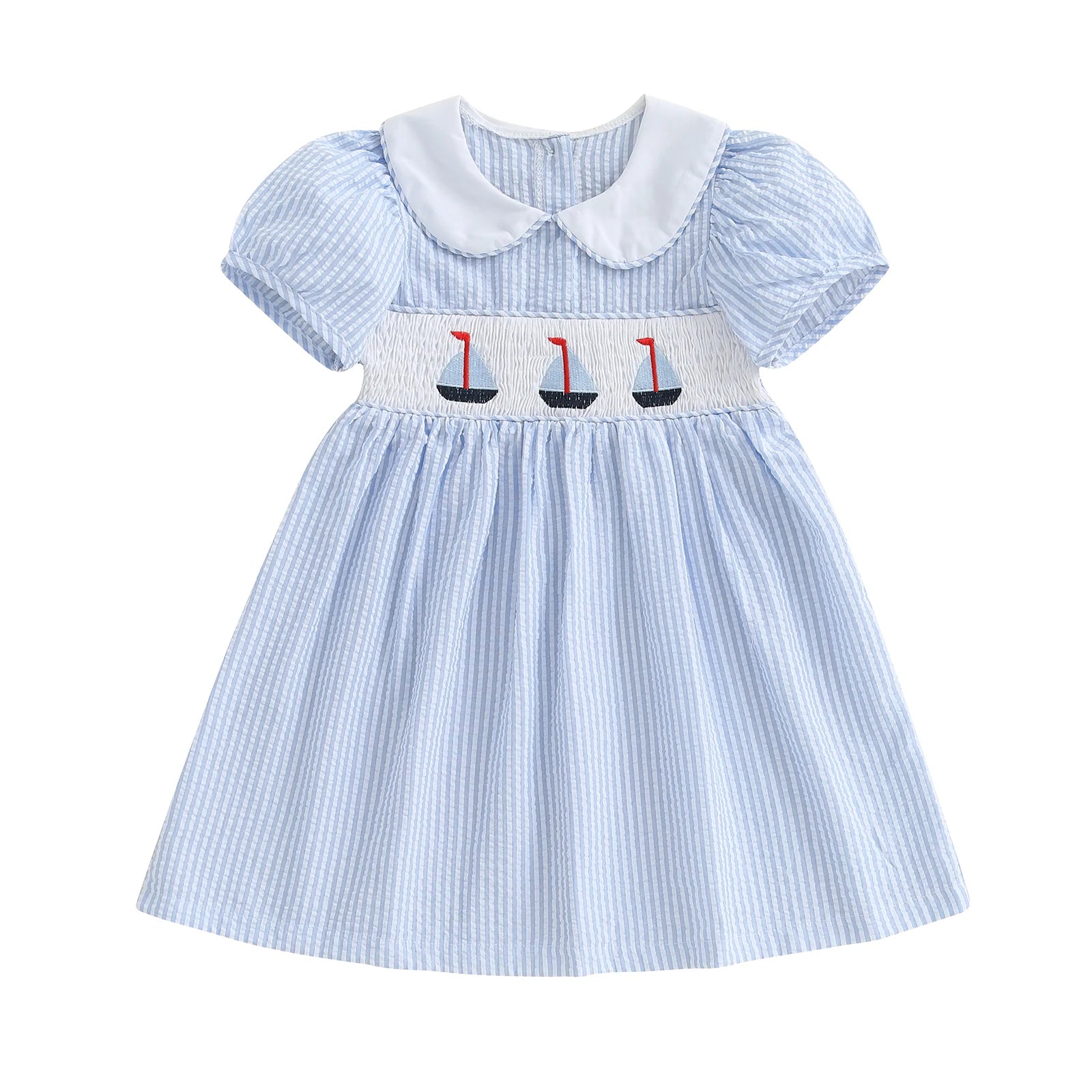 Child Girl Summer Striped A-Line Dress with Doll Collar Short Sleeves and Nautical Embroidery Detail