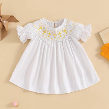 Toddler Girl Floral Print Ruffle Sleeve Round Neck A-Line Dress Baby Casual Dress with Bow Detail and Embroidery