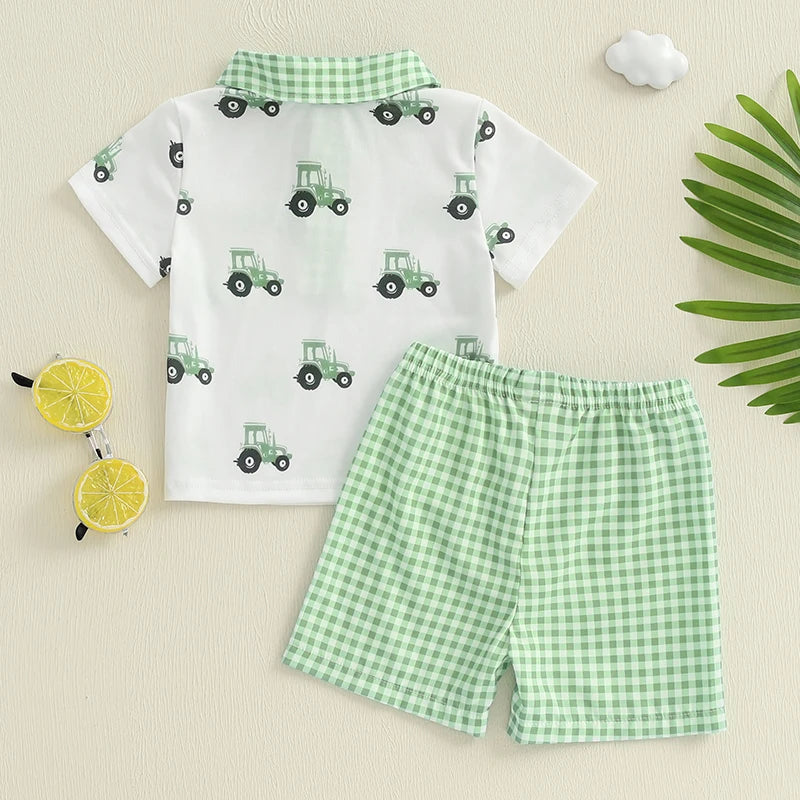 Adorable Infant Boy s Summer Ensemble featuring Cute Golf Print and Plaid Design Short Sleeve Shirt with Matching Shorts 2