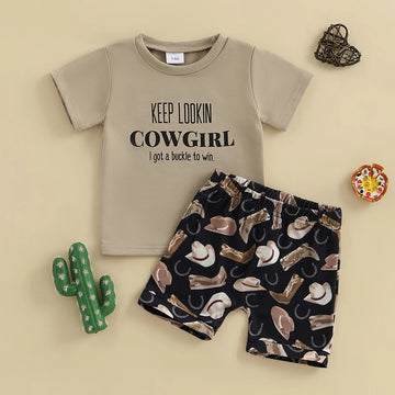 Toddler Boys Cowboy Style Clothing Set with Graphic Tee and Printed Shorts Complete Outfit with Boots and Cap for Western