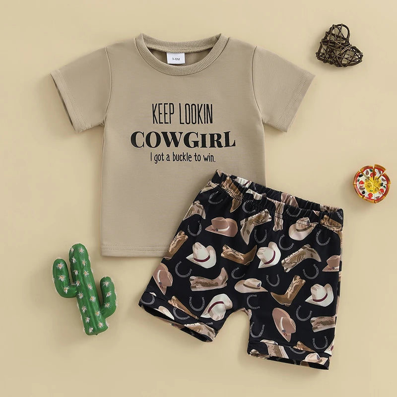 Toddler Boys Cowboy Style Clothing Set with Graphic Tee and Printed Shorts Complete Outfit with Boots and Cap for Western