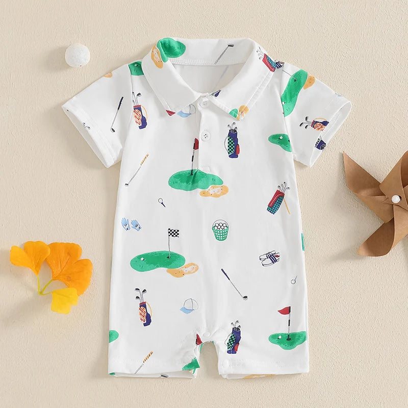 Infant Unisex Golf  with Half Button-up Lapel Neck and Short Sleeves Adorable Summer Romper for Baby Boy or Girl