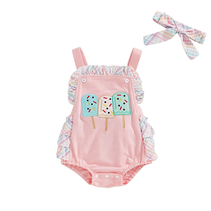 Toddler Girl Sleeveless Romper Adorable Watermelon Print Ruffles Summer Jumpsuit with Matching Headband Set Cute Outfits for