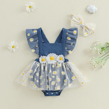 Toddler Girls Floral Print Sleeveless Romper Dress with Matching Headband Set for Summer Outfits and Photoshoots