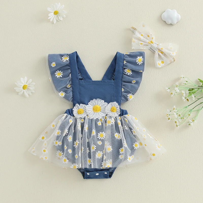 Toddler Girls Floral Print Sleeveless Romper Dress with Matching Headband Set for Summer Outfits and Photoshoots