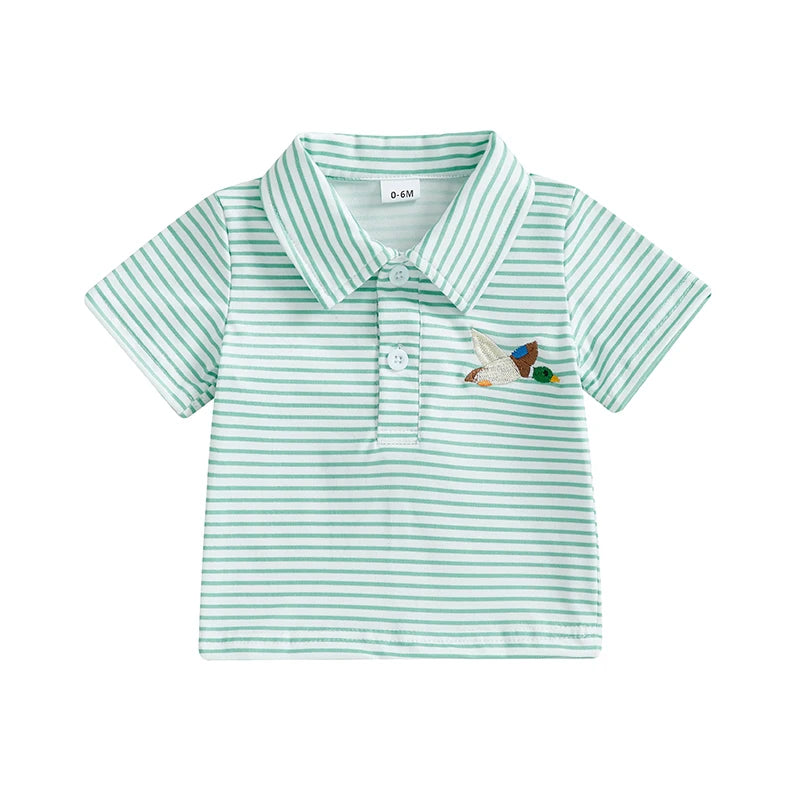 Cute Infant Polo with Duck Short Sleeve Collared Striped Shirt for Infant Boys