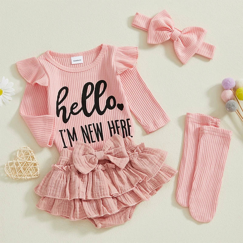 Adorable Baby Girls 4-Piece Set with Letter Print Romper Ruffles Layered Skorts Headband and Socks for a Cute Look