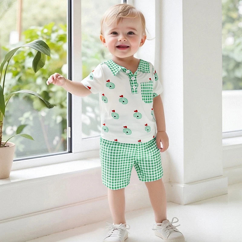 Adorable Infant Boy s Summer Ensemble featuring Cute Golf Print and Plaid Design Short Sleeve Shirt with Matching Shorts 2