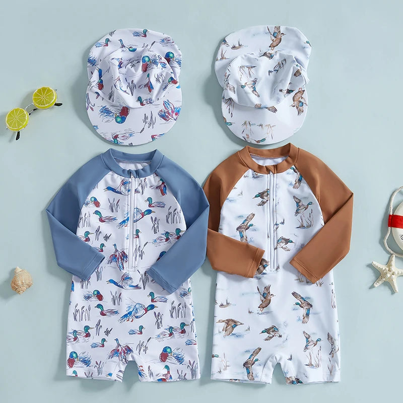 Baby Rash Guard Swimsuit with Hat 2 Pcs Set Floral Print Zip Up Long Sleeve Crew Neck Toddler Girls Swimwears