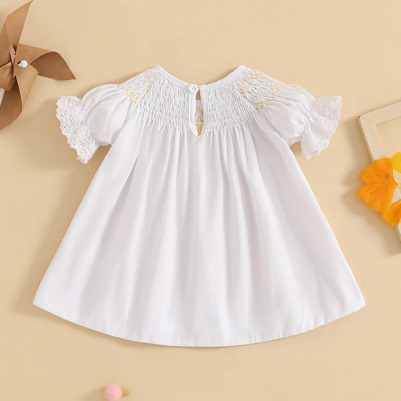 Toddler Girl Floral Print Ruffle Sleeve Round Neck A-Line Dress Baby Casual Dress with Bow Detail and Embroidery