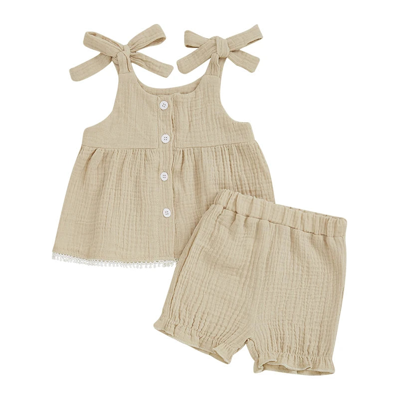 Adorable Toddler Girls Sleeveless Top and Ruffled Shorts Set with Tie-Up Straps and Button Detail - Stylish Summer Outfit