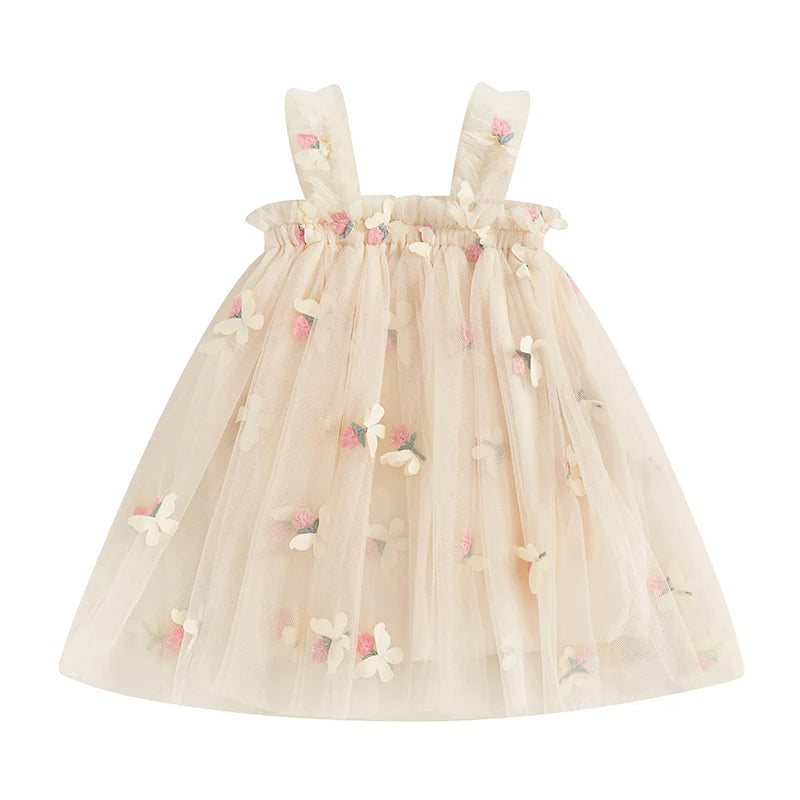 Girls Sleeveless Floral Embroidered Tulle Princess Dress with Butterfly Detail - A-Line Summer Slip Dress for Toddlers