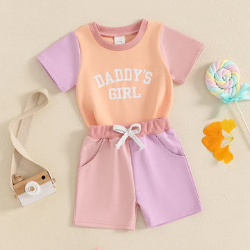 Infant Girl Summer Outfit Set with Cute Letter Print T-shirt and Elastic Waist Shorts for Toddler Girls - 2 Piece Contrast