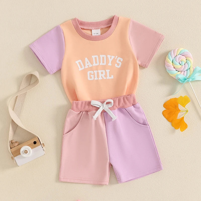 Infant Girl Summer Outfit Set with Cute Letter Print T-shirt and Elastic Waist Shorts for Toddler Girls - 2 Piece Contrast