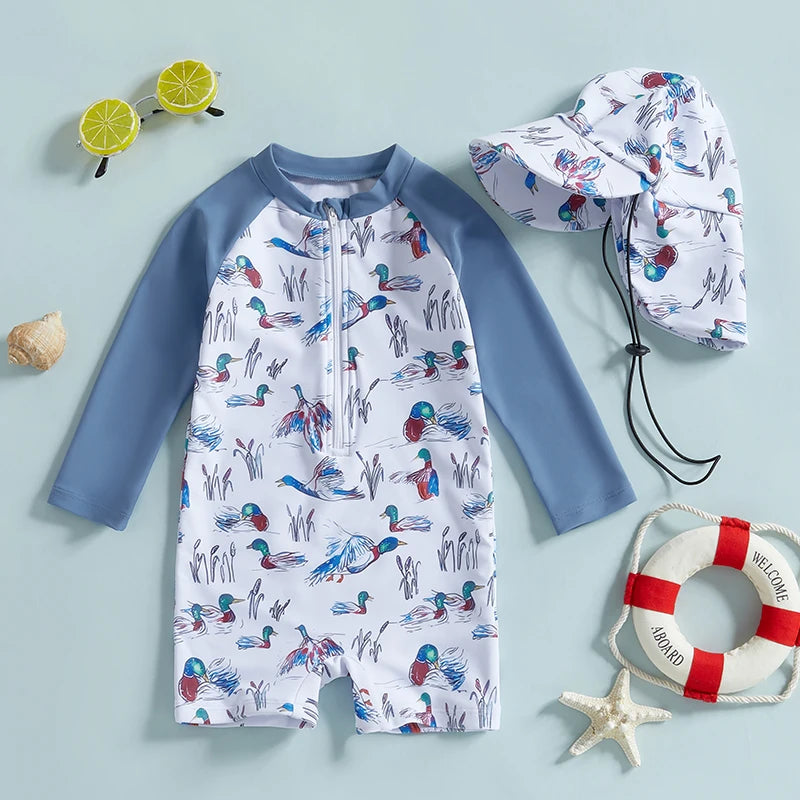 Baby Rash Guard Swimsuit with Hat 2 Pcs Set Floral Print Zip Up Long Sleeve Crew Neck Toddler Girls Swimwears