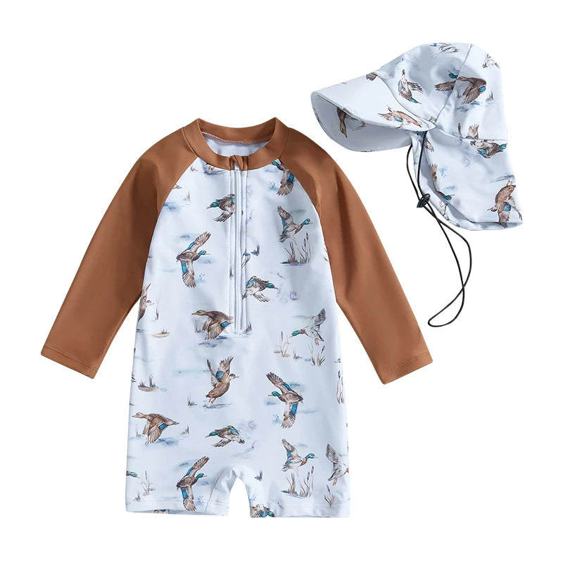 Baby Rash Guard Swimsuit with Hat 2 Pcs Set Floral Print Zip Up Long Sleeve Crew Neck Toddler Girls Swimwears