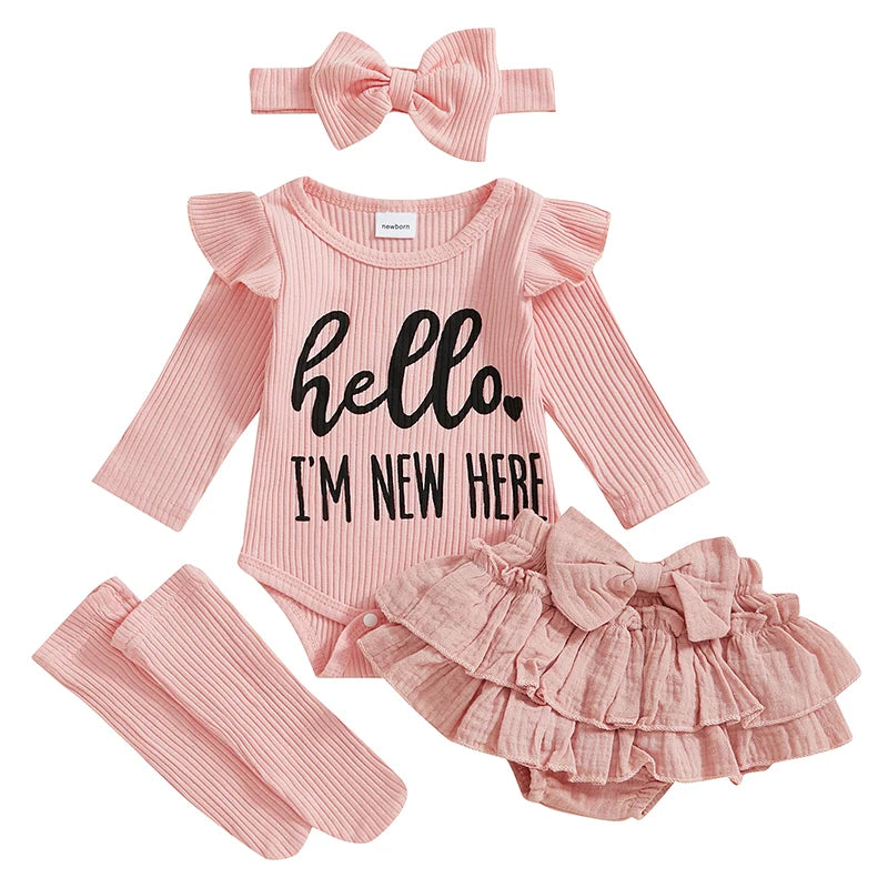 Adorable Baby Girls 4-Piece Set with Letter Print Romper Ruffles Layered Skorts Headband and Socks for a Cute Look