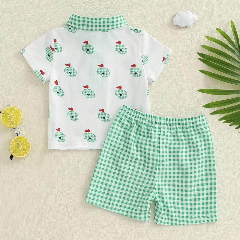 Adorable Infant Boy s Summer Ensemble featuring Cute Golf Print and Plaid Design Short Sleeve Shirt with Matching Shorts 2