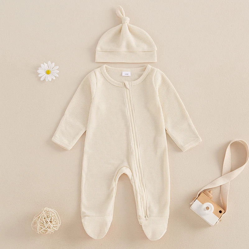 Infant Winter Warm Romper Solid Color Fleece Long Sleeve Hooded Zipper Jumpsuit with Mittens and Booties