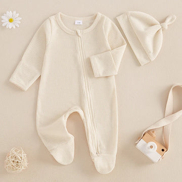 Infant Winter Warm Romper Solid Color Fleece Long Sleeve Hooded Zipper Jumpsuit with Mittens and Booties