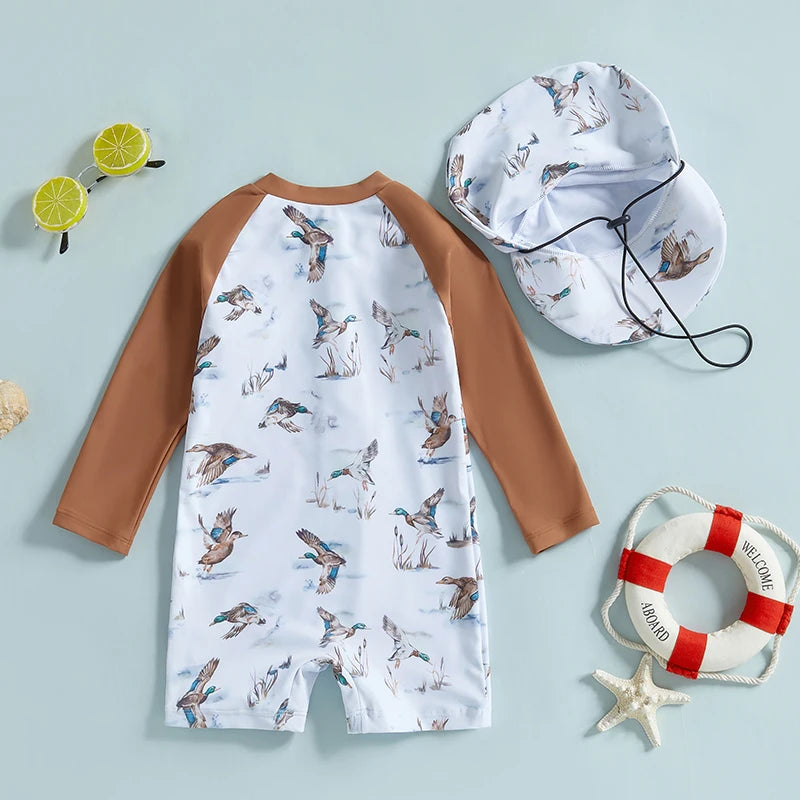 Baby Rash Guard Swimsuit with Hat 2 Pcs Set Floral Print Zip Up Long Sleeve Crew Neck Toddler Girls Swimwears