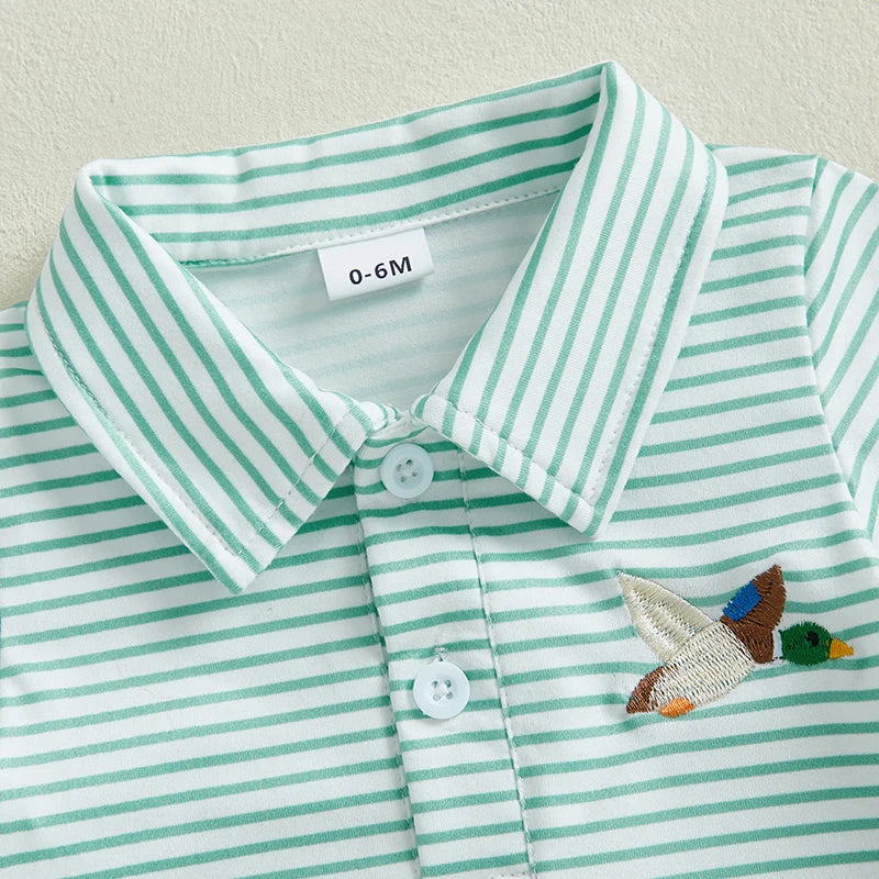 Cute Infant Polo with Duck Short Sleeve Collared Striped Shirt for Infant Boys