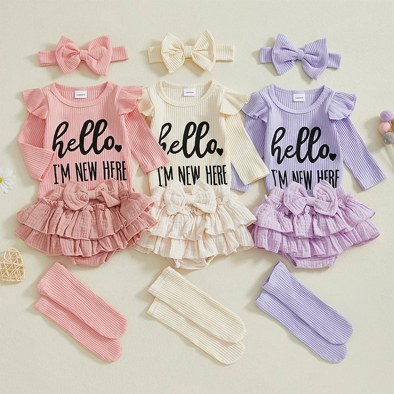 Adorable Baby Girls 4-Piece Set with Letter Print Romper Ruffles Layered Skorts Headband and Socks for a Cute Look