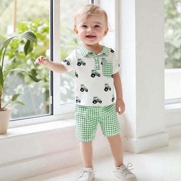 Adorable Infant Boy s Summer Ensemble featuring Cute Golf Print and Plaid Design Short Sleeve Shirt with Matching Shorts 2
