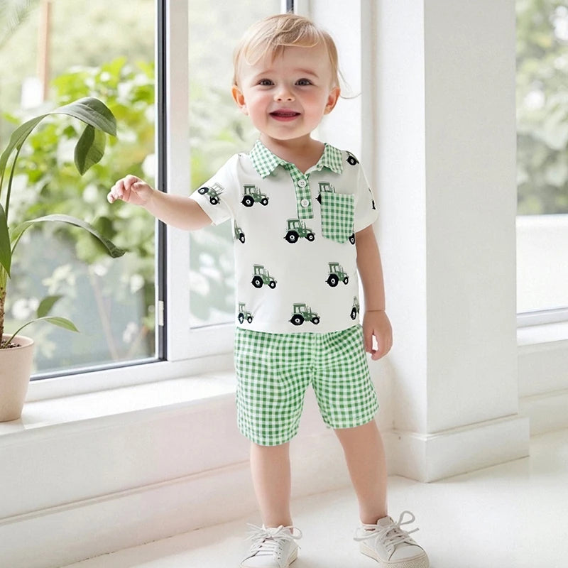 Adorable Infant Boy s Summer Ensemble featuring Cute Golf Print and Plaid Design Short Sleeve Shirt with Matching Shorts 2