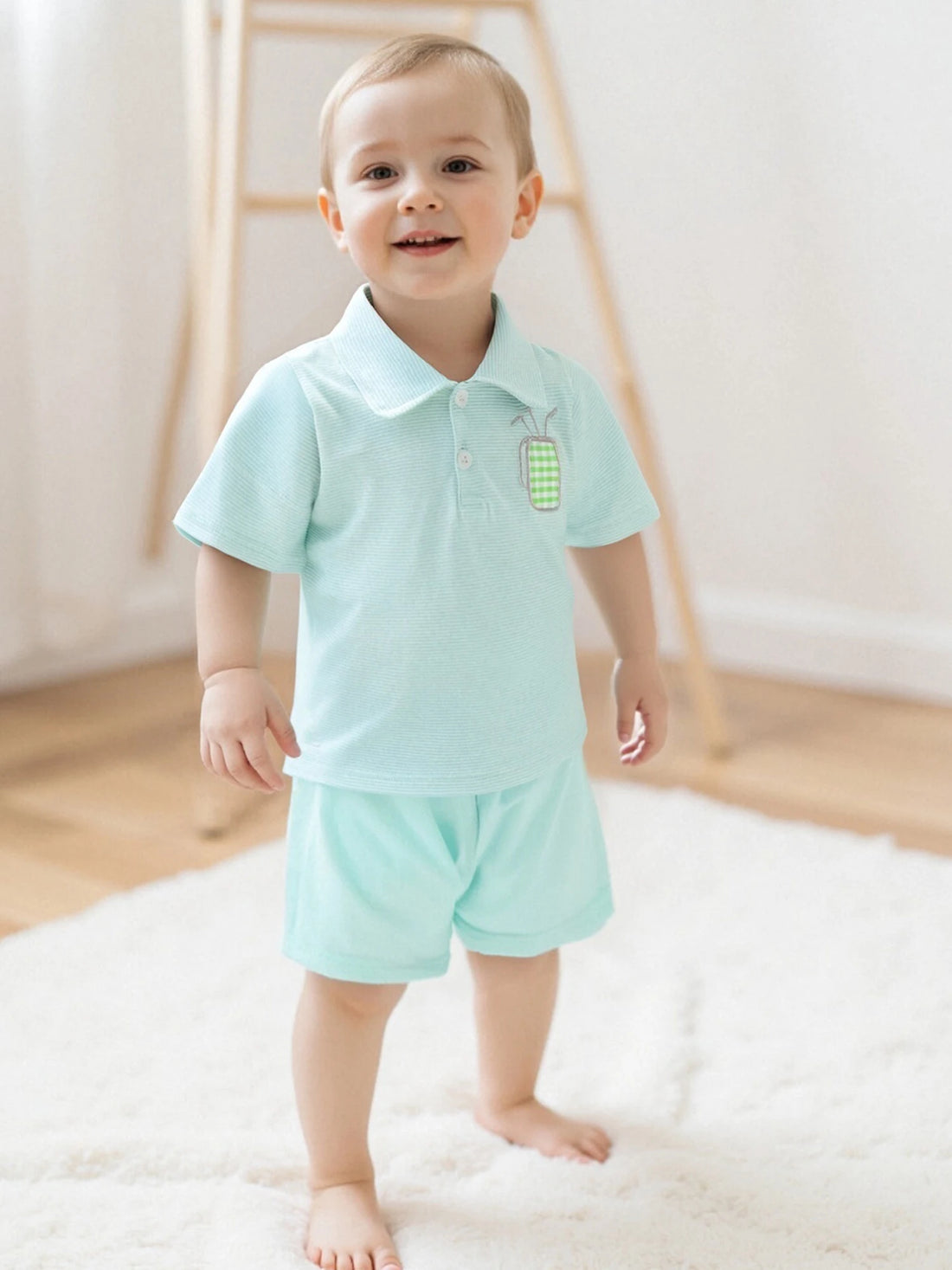 Adorable Infant Boy Golf Attire with Striped Collared Shirt and Elastic Waist Shorts - 2 Piece Summer Ensemble